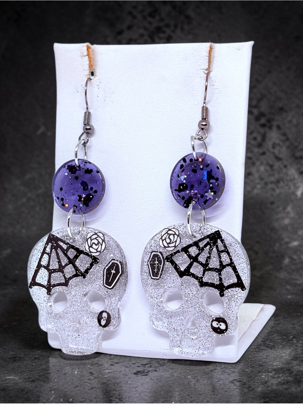 Purple & Silver Glitter Skull Dangle Earrings - Gothic Statement Jewelry